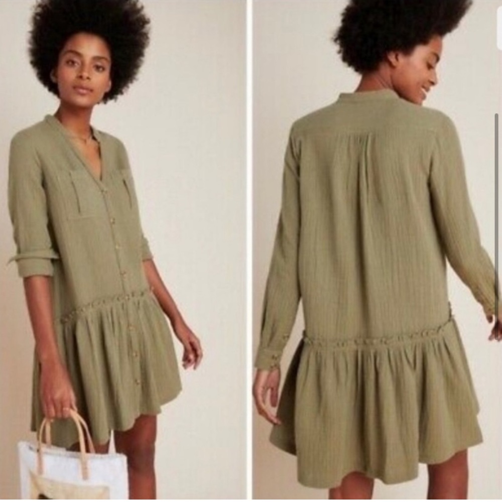Anthropologie Maeve Katie Textured Utility Button Front Tunic Dress Moss 4